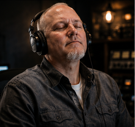 Erik Rives listening with headphones in a studio