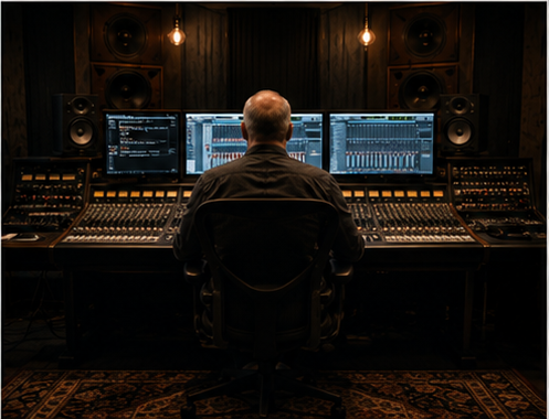 A rear view of Erik Rives mixing in a professional studio